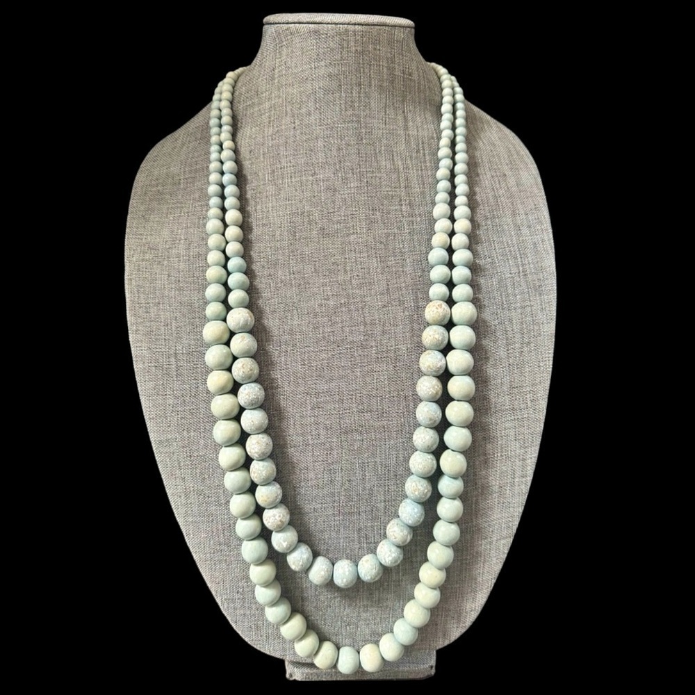 Large Wooden Bead Double Strand Necklace Boho Nwt Charlie Paige Robins Egg Green